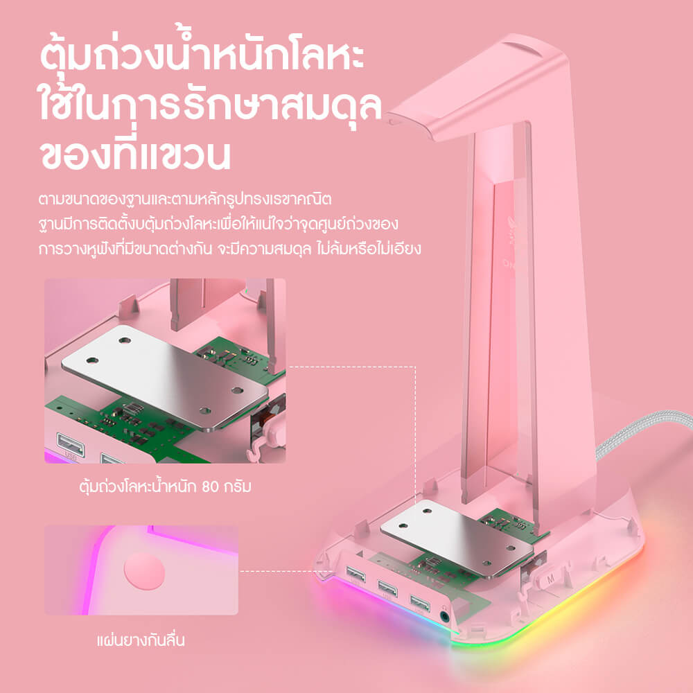 แท่นวางหูฟัง ONIKUMA YAMA RGB GAMING HEADPHONE STAND รองรับ USB-A 3 ช่อง และ AUX 3.5 มม. - สีชมพู_3